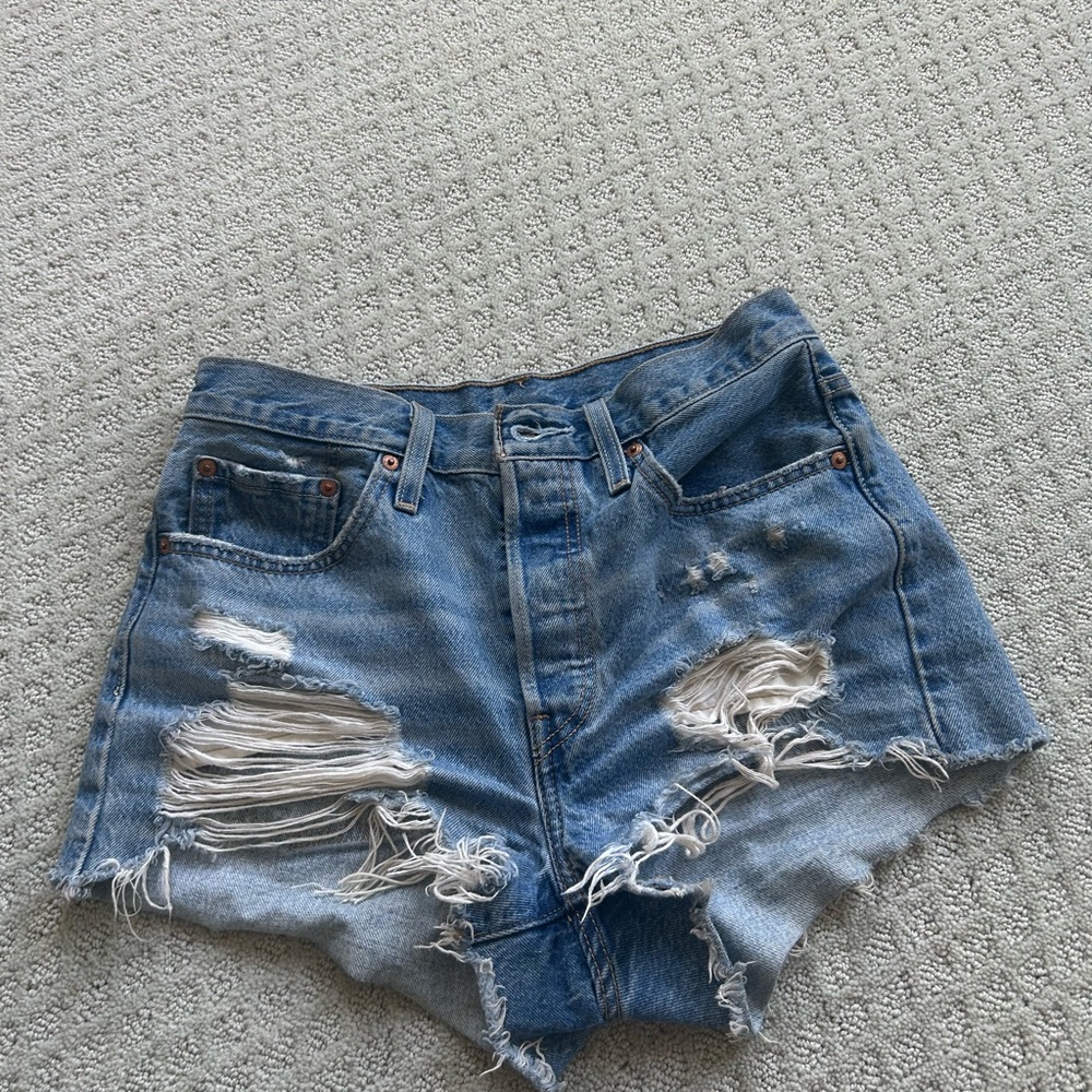 Levi's Blue High-Waisted Distressed Jean Shorts